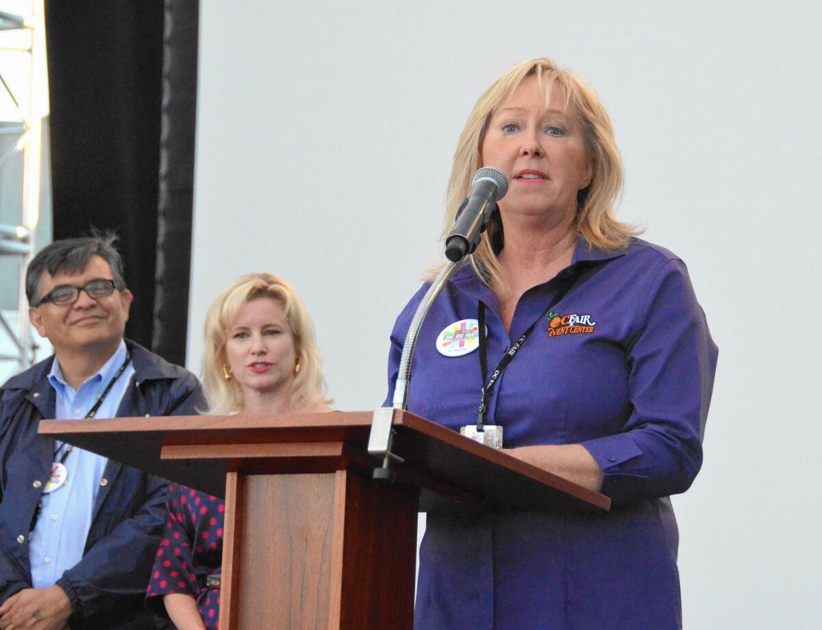 Kathy Kramer, chief executive of the OC Fair & Event Center, speaks at an event in 2015. The Fair Board announced Monday that it has voted to dismiss her, effective immediately. She already had taken a job as president and CEO of the Central Washington State Fair, where she is scheduled to start Feb. 1.