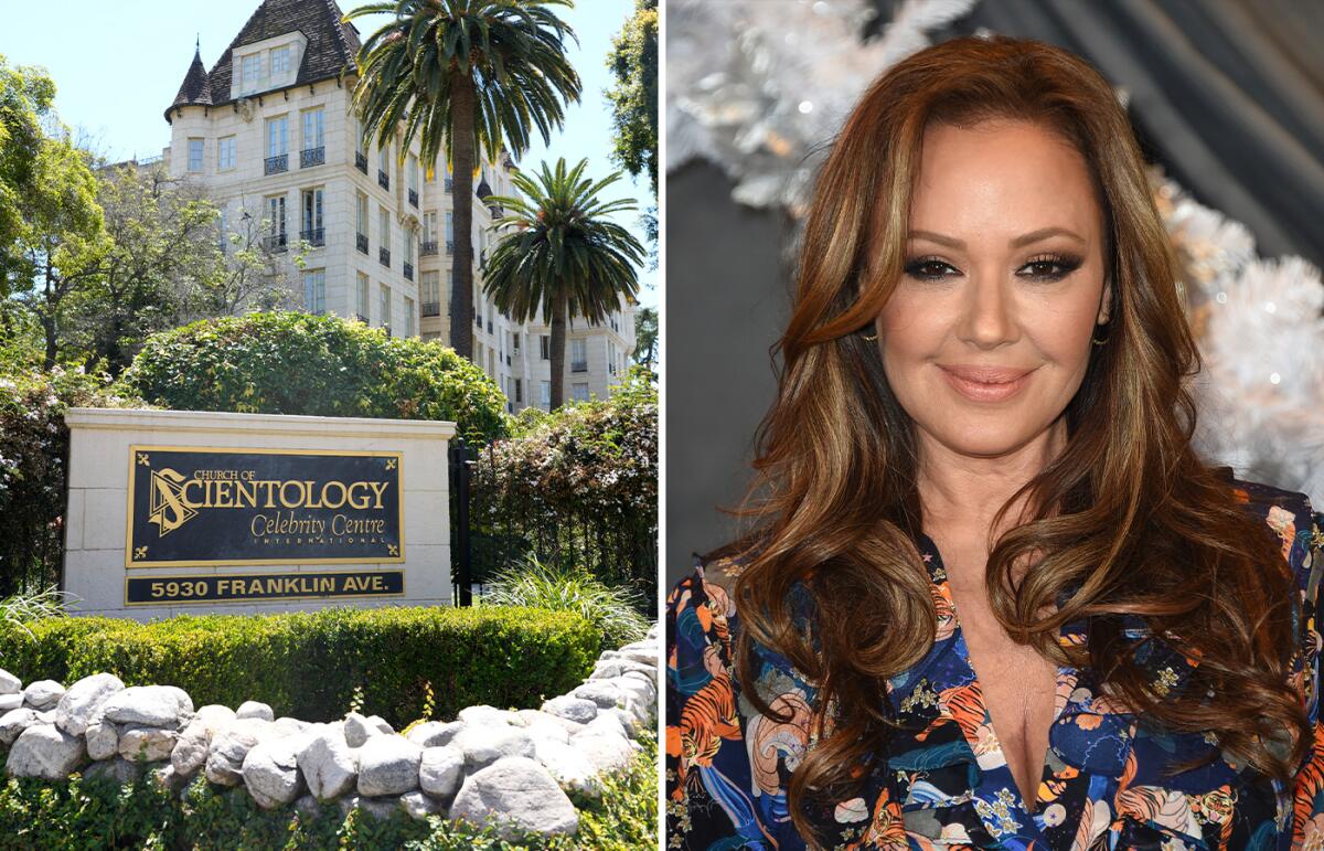 Separate photos of a Scientology building amid palm trees and actor Leah Remini in a patterned dress.