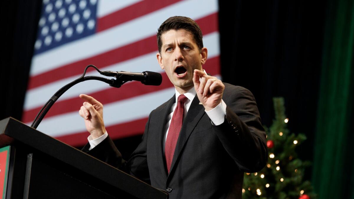 Speaker of the House Paul D. Ryan (R-Wis.), spearhead of the Obamacare repeal contingent, speaks during a rally for President-elect Donald Trump on Tuesday.