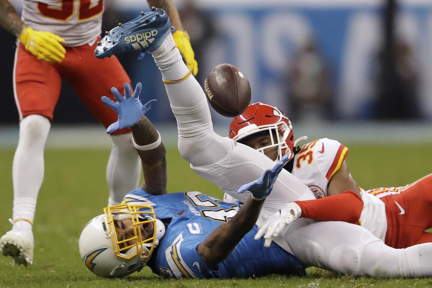 Chargers receiver Keenan Allen can't make a catch against Chiefs cornerback Charvarius Ward during a game Nov. 18 in Mexico City.