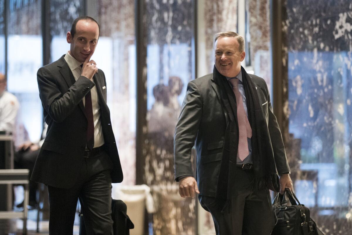 Stephen Miller, senior policy advisor to President-elect Donald Trump, and Sean Spicer, incoming White House press secretary, at Trump Tower in New York.