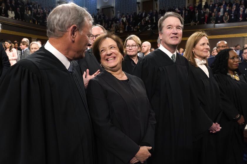 John Roberts, chief justice of the US Supreme Court, from left, Elena Kagan, associate justice of the US Supreme Court, Brett Kavanaugh, associate justice of the US Supreme Court, Amy Coney Barrett, associate justice of the US Supreme Court, and Ketanji Brown Jackson, associate justice of the US Supreme Court, ahead of a State of the Union address at the US Capitol in Washington, DC, US, on Tuesday, Feb. 7, 2023. President Biden is speaking against the backdrop of renewed tensions with China and a brewing showdown with House Republicans over raising the federal debt ceiling. Photographer: Jacquelyn Martin/AP/Bloomberg via Getty Images