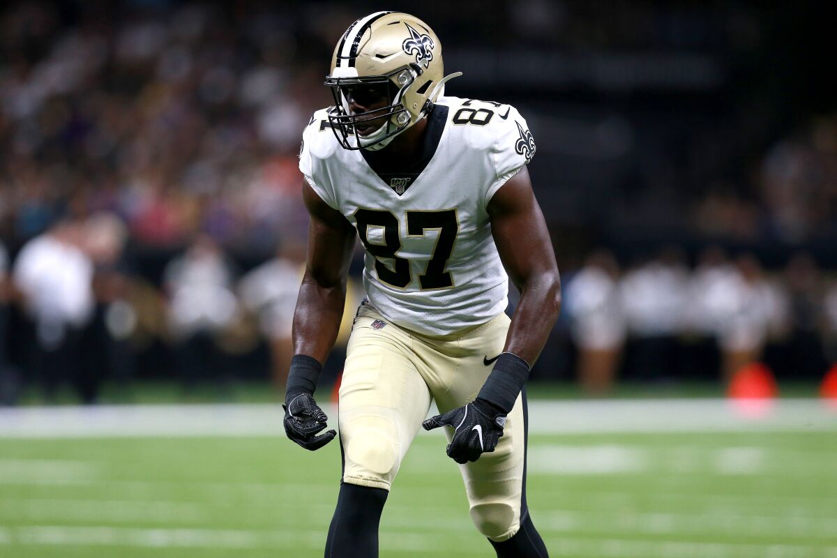 Jared Cook of the New Orleans Saints lines up in a game against Minnesota.