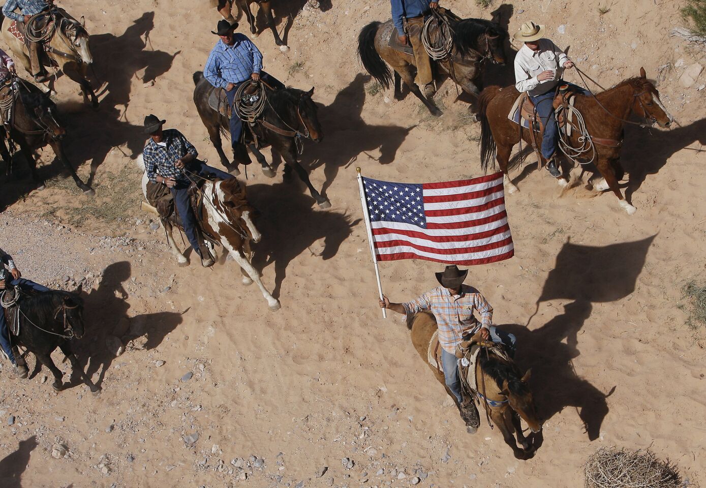 The Bundy family and their supporters fly the American flag as their cattle is released by the Bureau of Land Management back onto public land outside of Bunkerville, Nev.