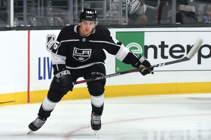 LOS ANGELES, CA - SEPTEMBER 19: Blake Lizotte #46 of the Los Angeles Kings skates during warm-up before the the preseason game against the Vegas Golden Knights at STAPLES Center on September 19, 2019 in Los Angeles, California. (Photo by Juan Ocampo/NHLI via Getty Images)