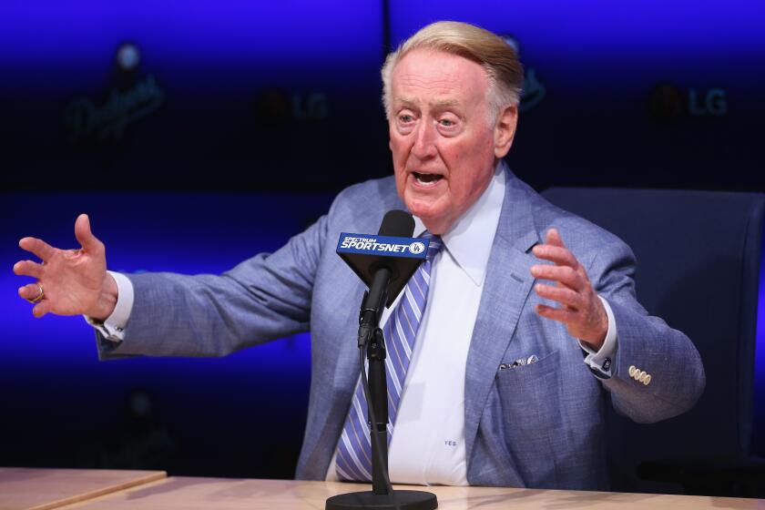 LOS ANGELES, CALIFORNIA - SEPTEMBER 24: Long time Los Angeles Dodgers announcer Vin Scully speaks.