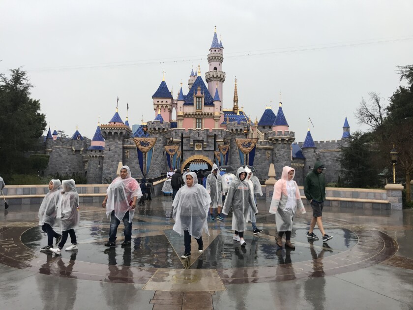 People in ponchos on a rainy day at Disneyland in front of the Sleeping Beauty castle.