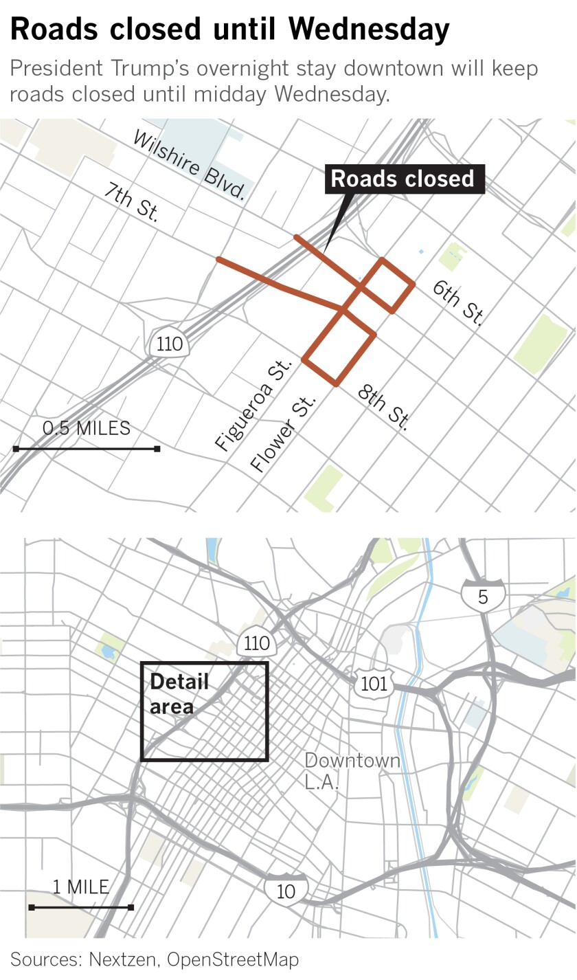 Trump arrives in L.A. along with presidential gridlock. Here are