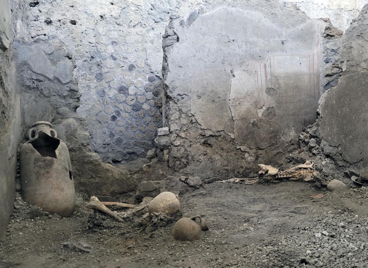 Broken amphora and human bones at the Pompeii Archaeological Park