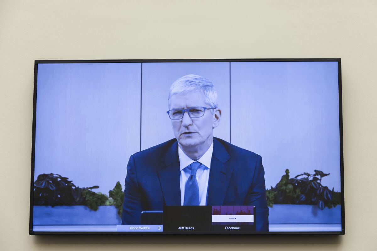 Apple Chief Executive Tim Cook speaks via video conference.