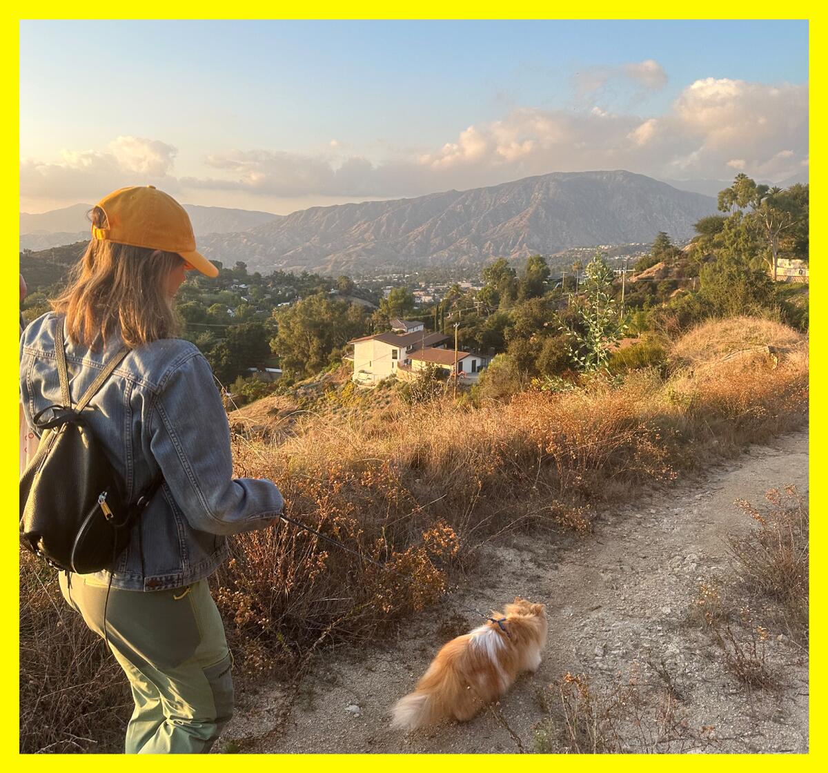 Lila Seidman walking a cat on a leash in an outdoor setting with a view of mountains in the distance. 