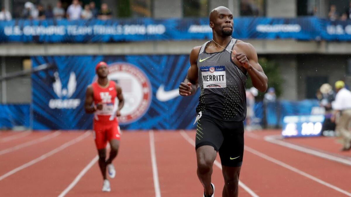 Sprinter LaShawn Merritt finishes his 200-meter heat during U.S. track and field trials on July 7.