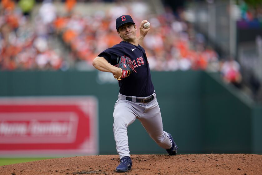 Cleveland Guardians starting pitcher Logan Allen throws a pitch to the Baltimore Orioles during the first inning of a baseball game, Monday, May 29, 2023, in Baltimore. (AP Photo/Julio Cortez)