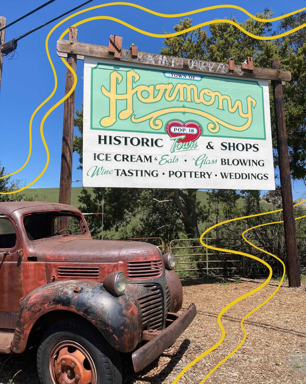 Welcome sign to Harmony, Calif.