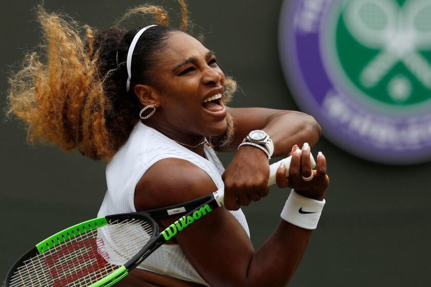 US player Serena Williams returns against Germany's Julia Goerges during their women's singles third round match on the sixth day of the 2019 Wimbledon Championships at The All England Lawn Tennis Club in Wimbledon, southwest London, on July 6, 2019. (Photo by Adrian DENNIS / AFP) / RESTRICTED TO EDITORIAL USEADRIAN DENNIS/AFP/Getty Images ** OUTS - ELSENT, FPG, CM - OUTS * NM, PH, VA if sourced by CT, LA or MoD **