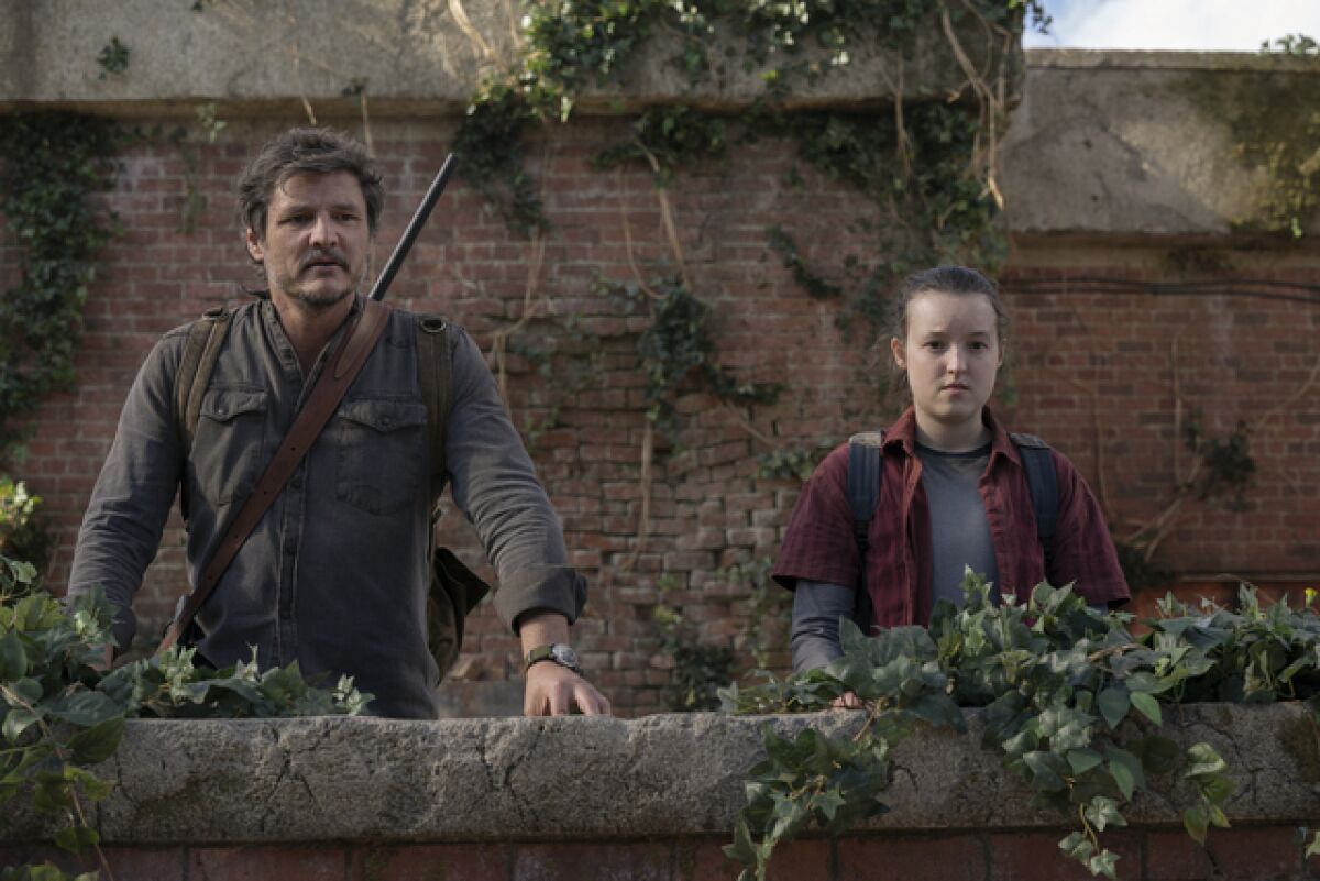 A man and a teenager girl look out over a brick wall covered in ivy.