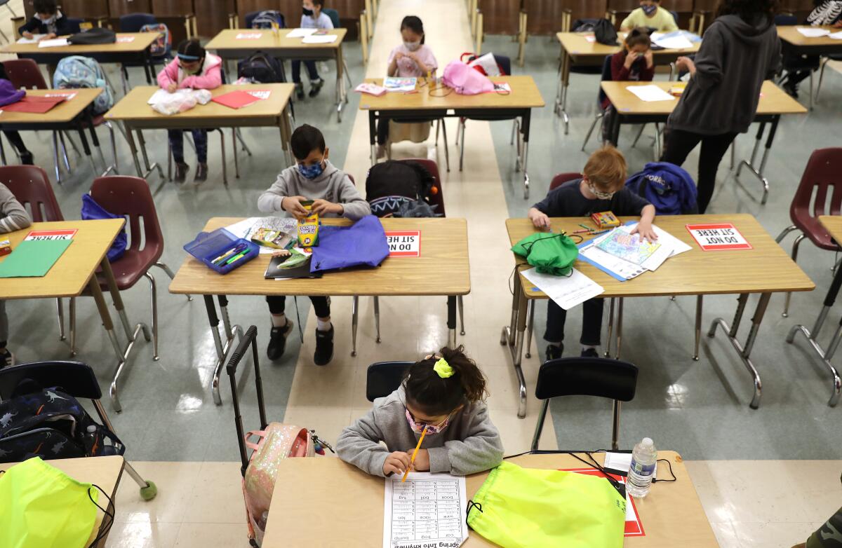 First-graders sit at desks in a school auditorium.  