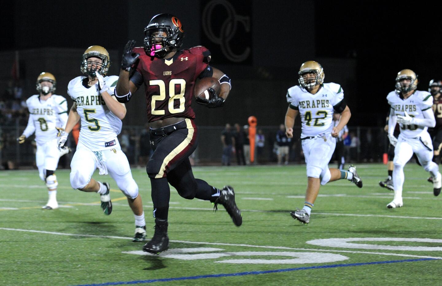Oaks Christian running back Gil'scott Jackson, breaking into the secondary in the third quarter Friday, rushed for 179 yards and two touchdowns against St. Bonaventure.