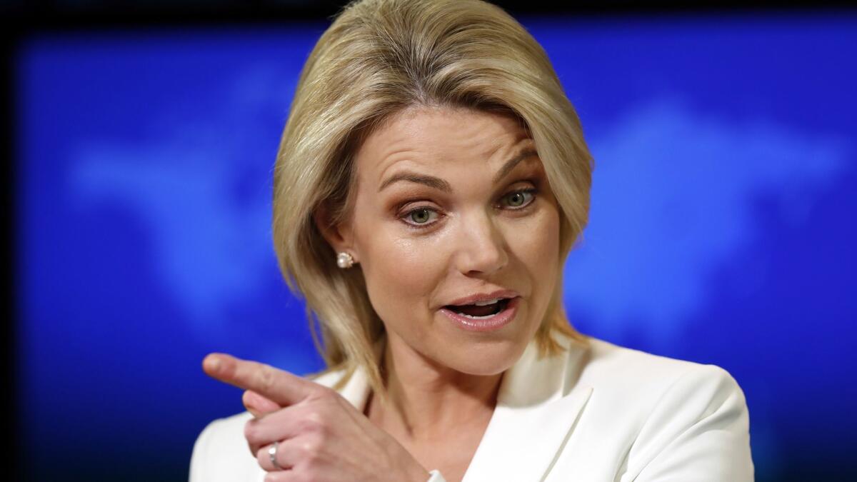 State Department spokeswoman Heather Nauert speaks during a briefing at the State Department in Washington in August 2017.