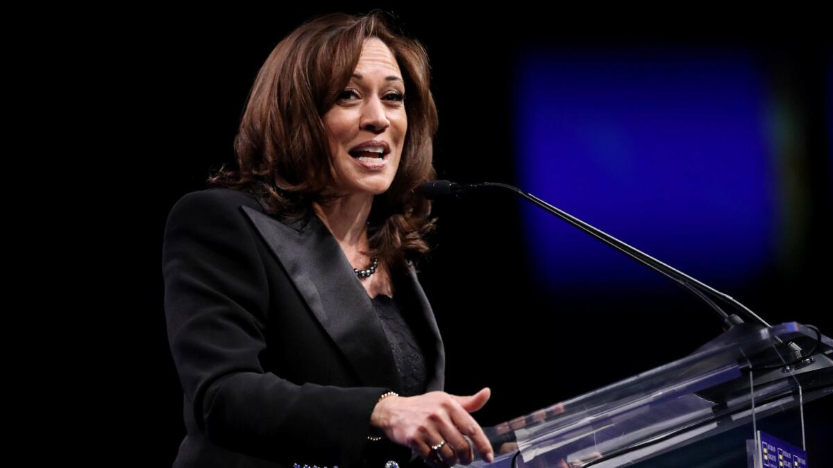 Sen. Kamala Harris, shown in Los Angeles in March, said during a town hall in New Hampshire on Monday that "Congress should take the steps towards impeachment."