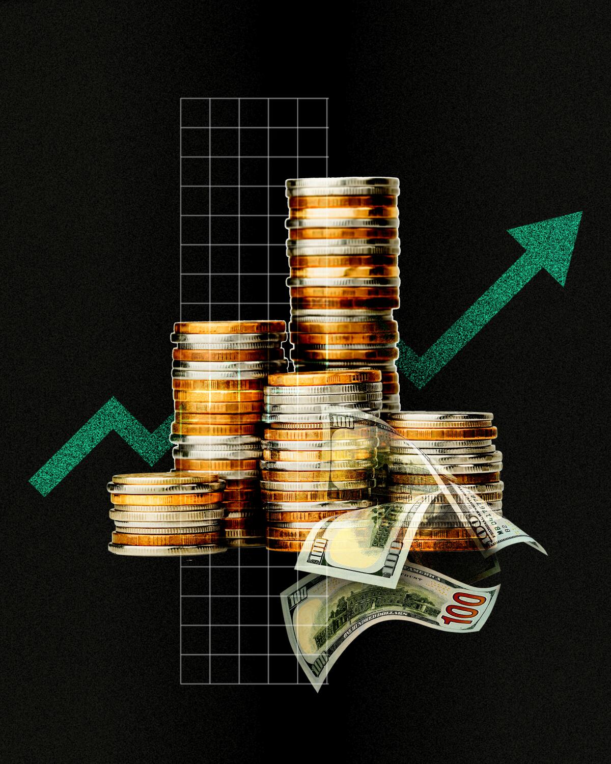 Upward arrow behind stacks of coins and bills 