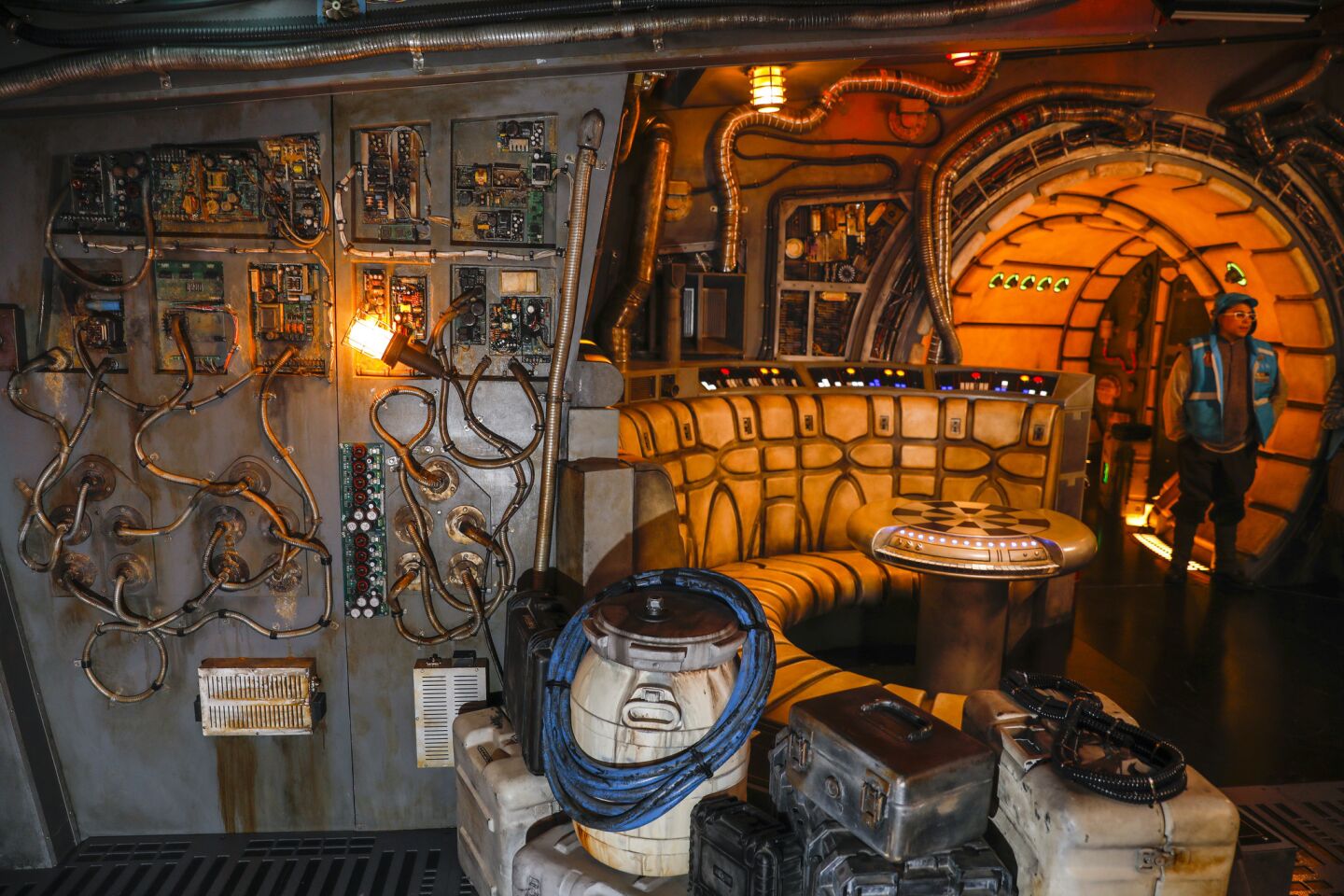 The alien insides of the Millennium Falcon: Smugglers Run ride in Star Wars: Galaxy's Edge at Disneyland.