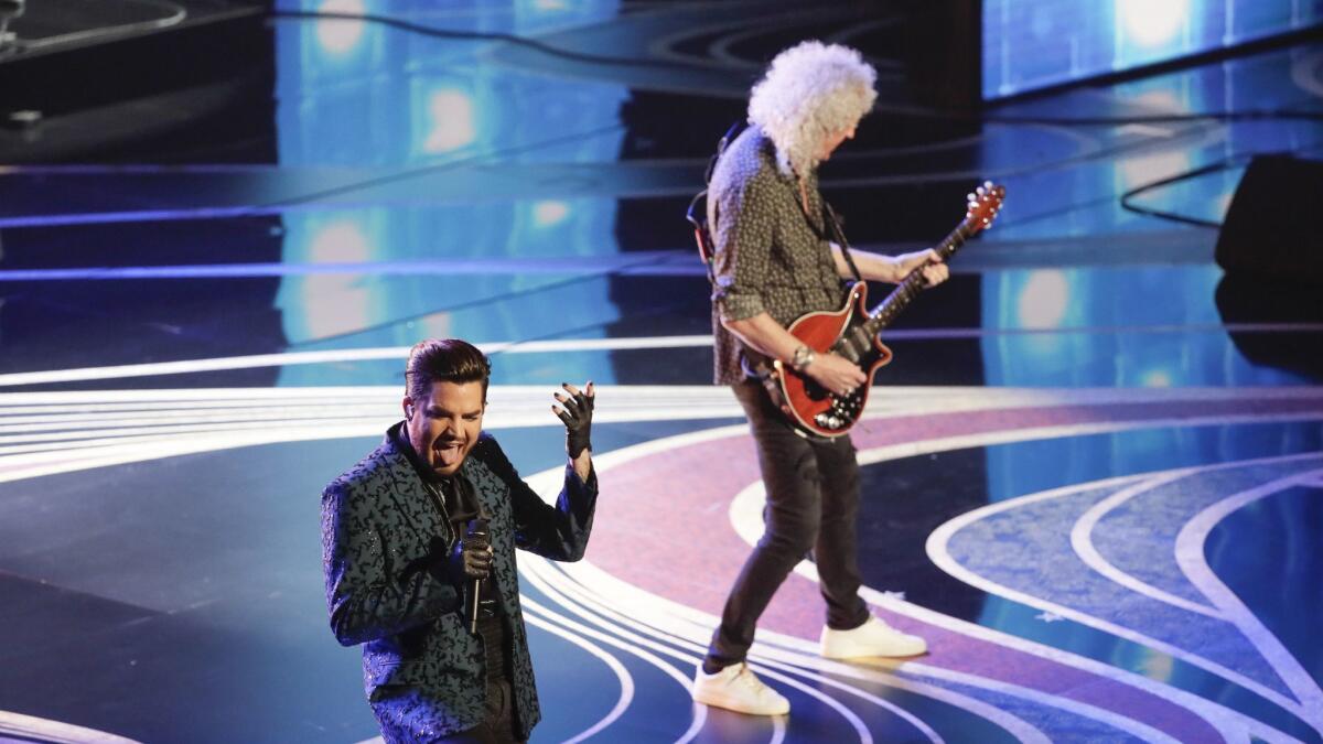 Queen guitarist Brian May, with Adam Lambert, performing on stage during the telecast of the 91st Academy Awards on Sunday, February 24, 2019 in the Dolby Theatre at Hollywood & Highland Center in Hollywood, CA.