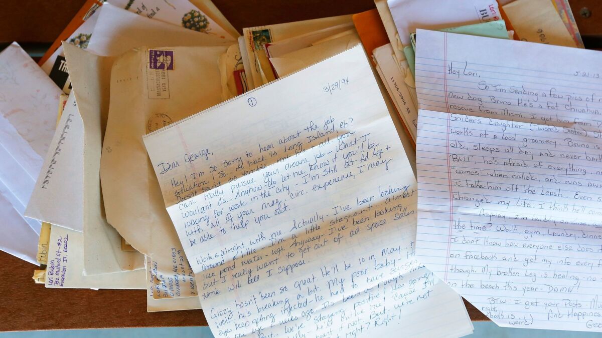 A stack of letters exchanged over the 42 years between pen pals Lori Gertz of Encintas, 53, and George Ghossn, 56, of New York.