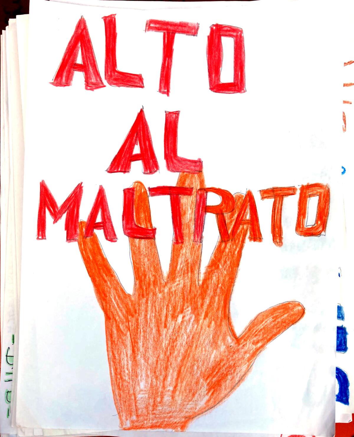 A drawing in support of the Georgia immigration detainees states in Spanish "Alto al maltrato," or "Stop the abuse."