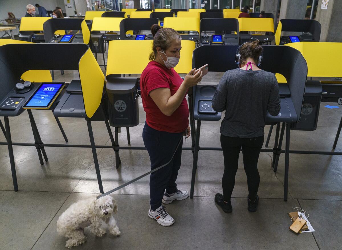First-time voter Berlyn Gonzalez votes as her mother, Claudia Gonzalez, holds the leash to her dog Nenengue, in Los Angeles on Tuesday, Nov. 3, 2020. (AP Photo/Damian Dovarganes)