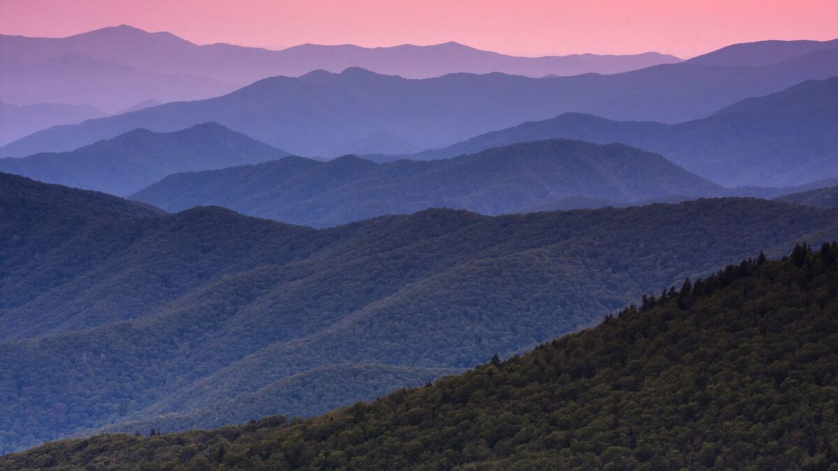 The Great Smoky Mountains in Tennessee at dusk.