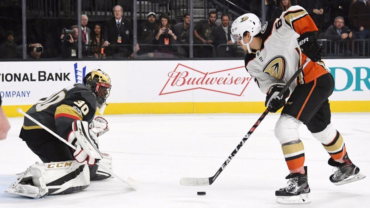 Vegas Golden Knights' Malcolm Subban (30) blocks a shot by Ducks' Rickard Rakell (67) during a shootout on Tuesday.