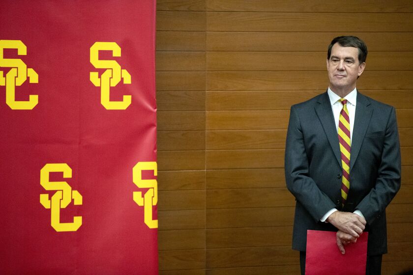 LOS ANGELES, CALIF. -- THURSDAY, NOVEMBER 7, 2019: New USC athletic director Mike Bohn waits to speak during news conference on the USC campus in Los Angeles, Calif., on Nov. 7, 2019. (Brian van der Brug / Los Angeles Times)