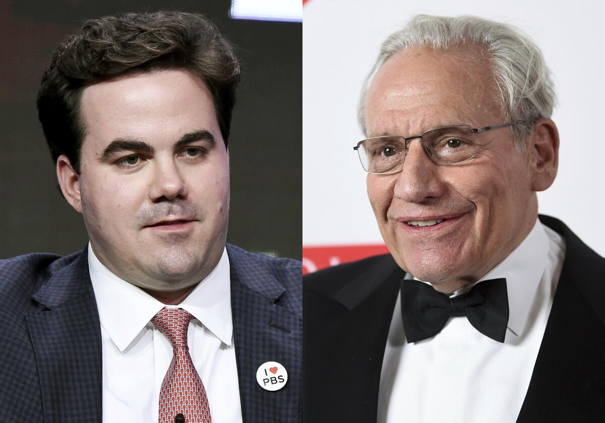 This combination photo shows Robert Costa participating in the "Washington Week" panel during the PBS portion of the 2017 Summer TCA's in Beverly Hills, Calif., on July 31, 2017, left, and PEN literary service award recipient Bob Woodward at the 2019 PEN America Literary Gala in New York on May 21, 2019. Woodward is teaming with Costa on a book about the waning days of Donald Trump’s administration and on the initial phase of Joe Biden’s presidency. The book does not yet have a title or release date. (AP Photo)