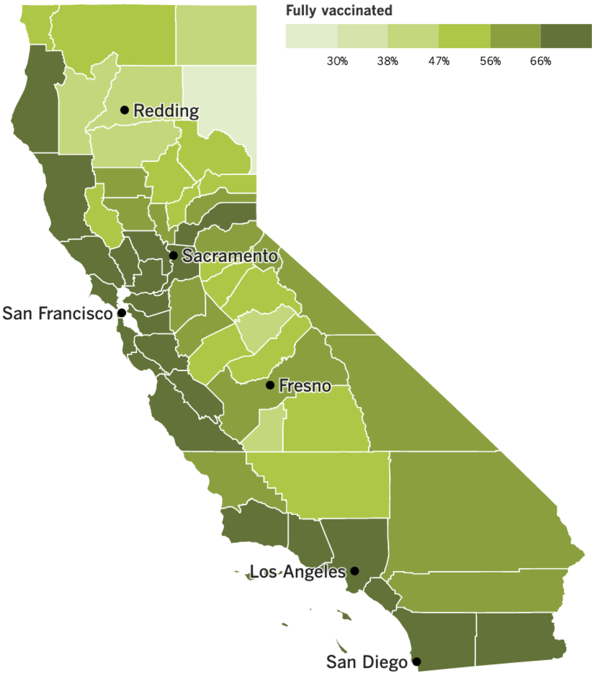 A map showing California's COVID-19 vaccination progress by county, as of May 10, 2022.