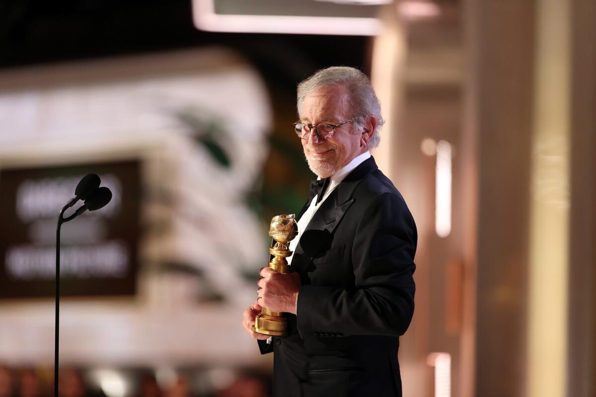 Steven Spielberg accepts the Golden Globe for best director for "The Fabelmans." 