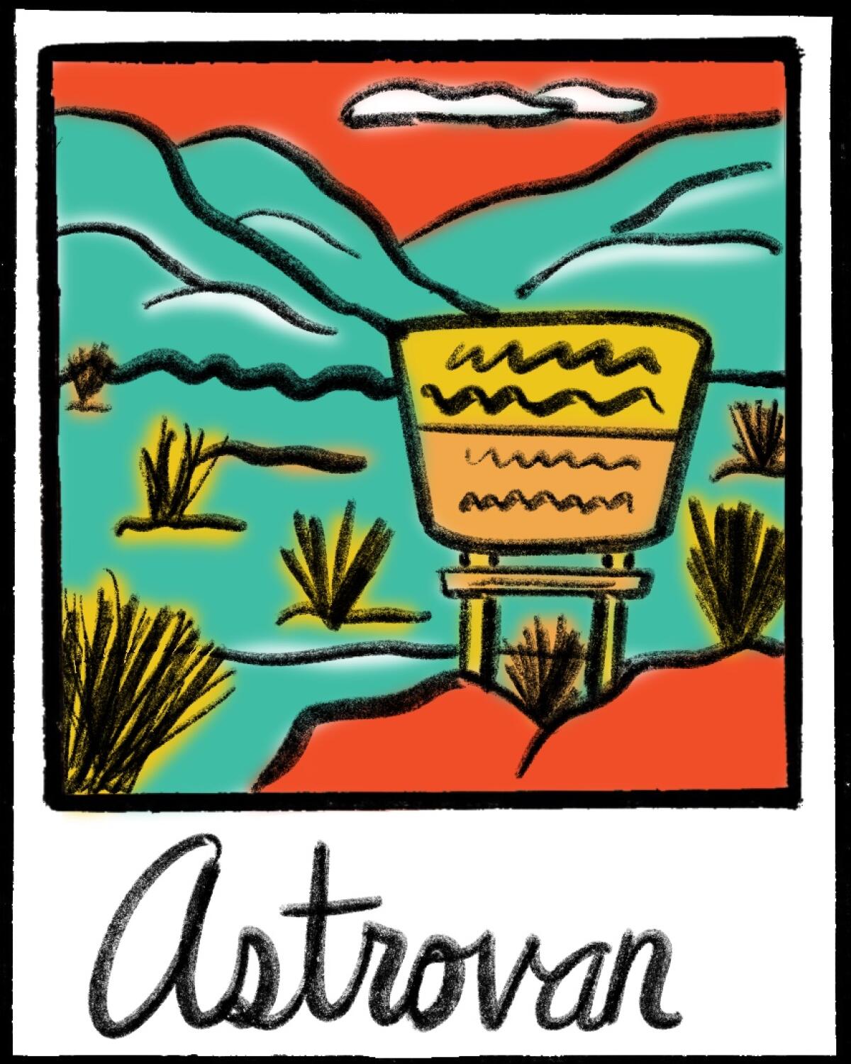 Illustration of Polaroid photo of a campground and mountains with the word "Astrovan."
