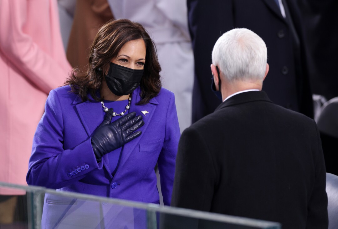 Vice President-elect Kamala Harris greets Vice President Mike Pence at the inauguration of President-elect Joe Biden.