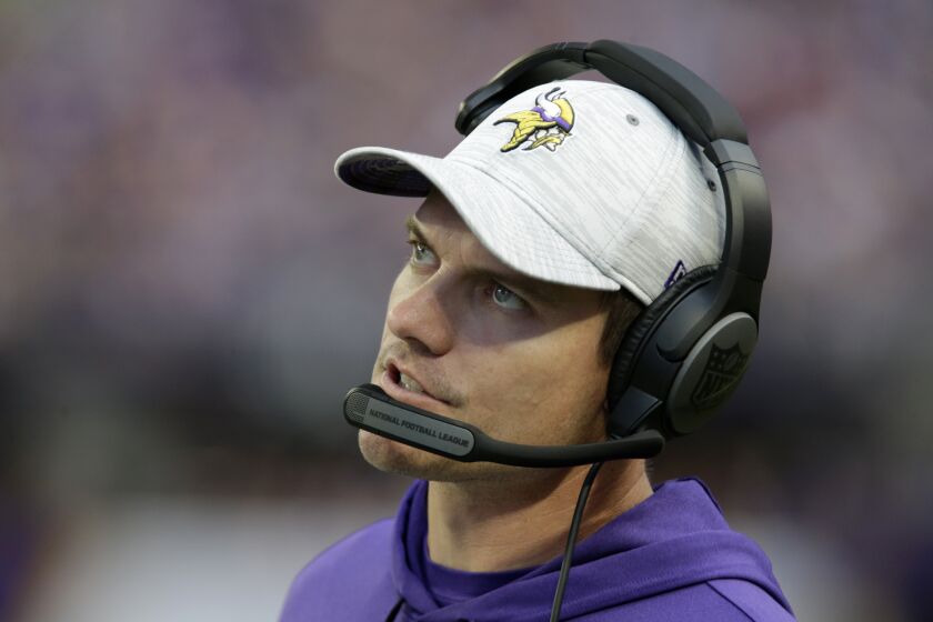 Minnesota Vikings head coach Kevin O'Connell watches from the sideline during the second half of an NFL football game against the Detroit Lions, Sunday, Sept. 25, 2022, in Minneapolis. (AP Photo/Andy Clayton-King)
