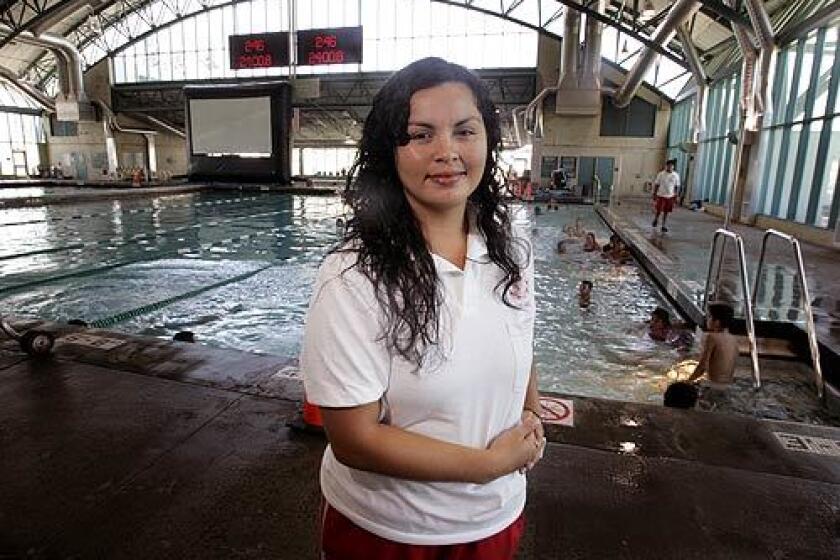 Alex Lopez, a lifeguard and former water polo player, is an assistant coach for the Commerce youth water polo team at the Aquatorium, where Olympians Patty Cardenas and Brenda Villa trained.