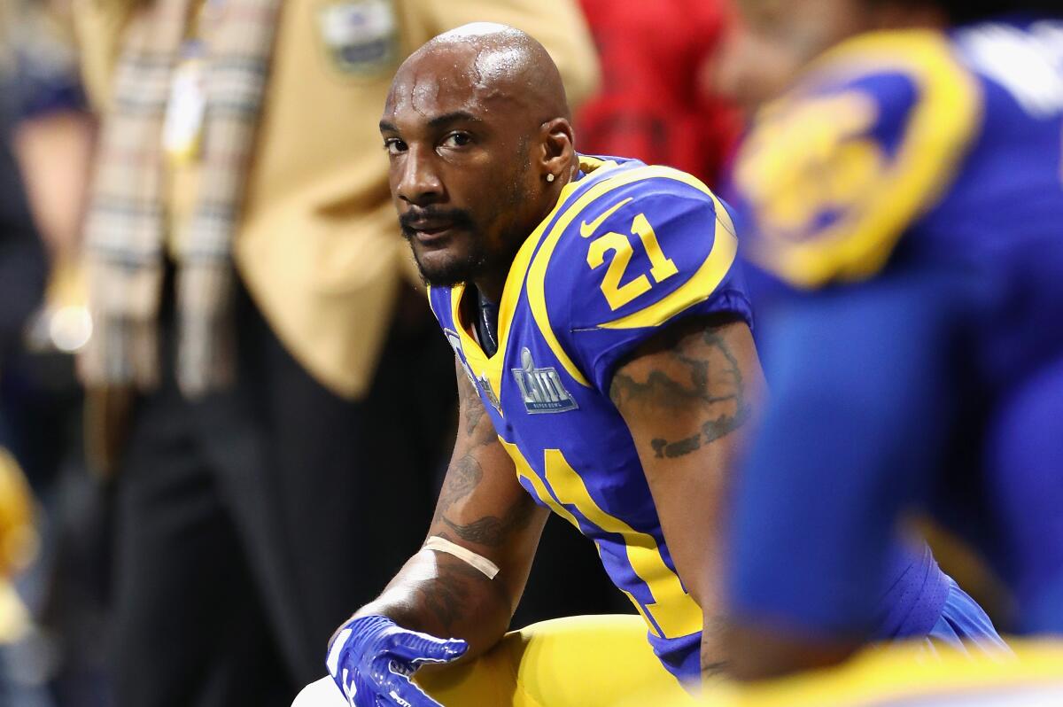 Rams cornerback Aqib Talib watches from the sideline before the start of Super Bowl LIII against the New England Patriots at Mercedes-Benz Stadium in Atlanta on Feb. 3.