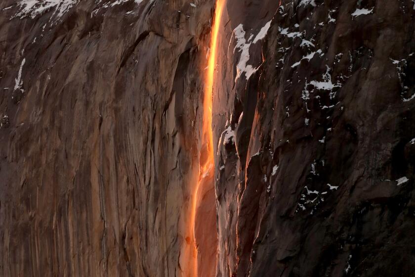 The Horsetail Falls firefalls effect caused by light from the setting sun.