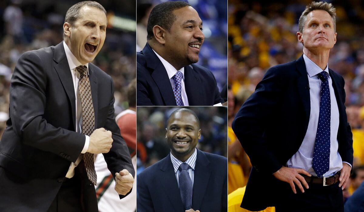 Clockwise from left: Cleveland Coach David Blatt, former Golden State coach Mark Jackson; Warriors Coach Steve Kerr and Golden State assistant Alvin Gentry are all part of the NBA Finals drama this year.