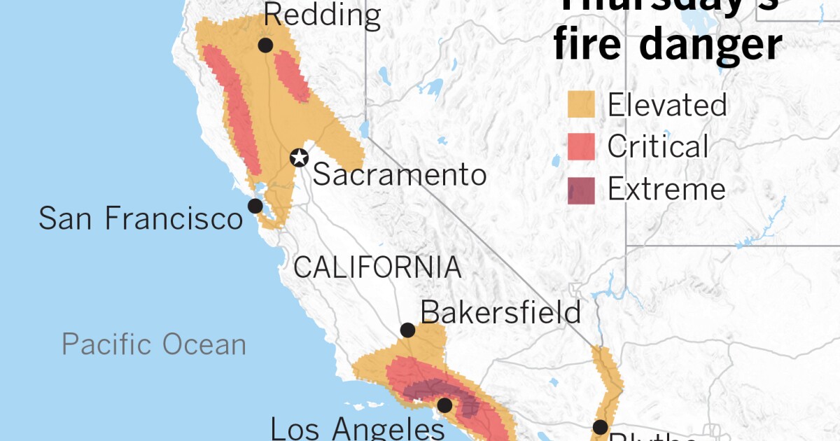 Extreme or critical fire danger forecast for Thursday in California