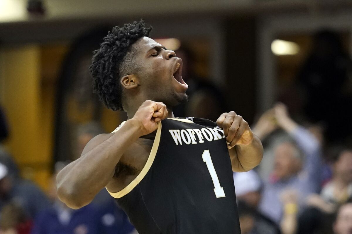 Wofford forward Chevez Goodwin celebrates during a win over Chattanooga in the Southern Conference tournament on March 8.