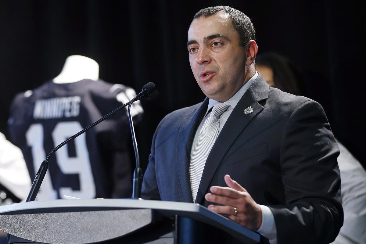 Dan Ventrelle of the then-Oakland Raiders speaks to the media June 5, 2019, at a news conference in Winnipeg, Canada.