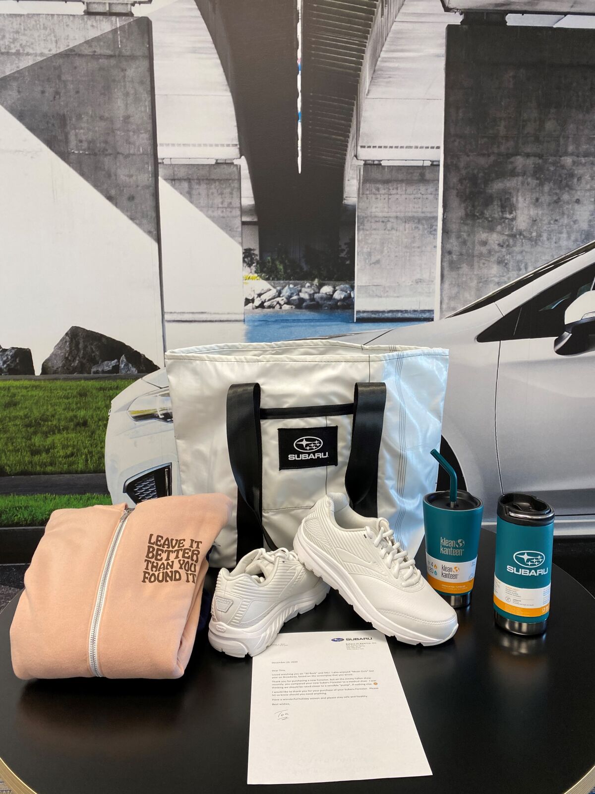 Shoes and other swag that automaker Subaru sent actress-writer Tina Fey.