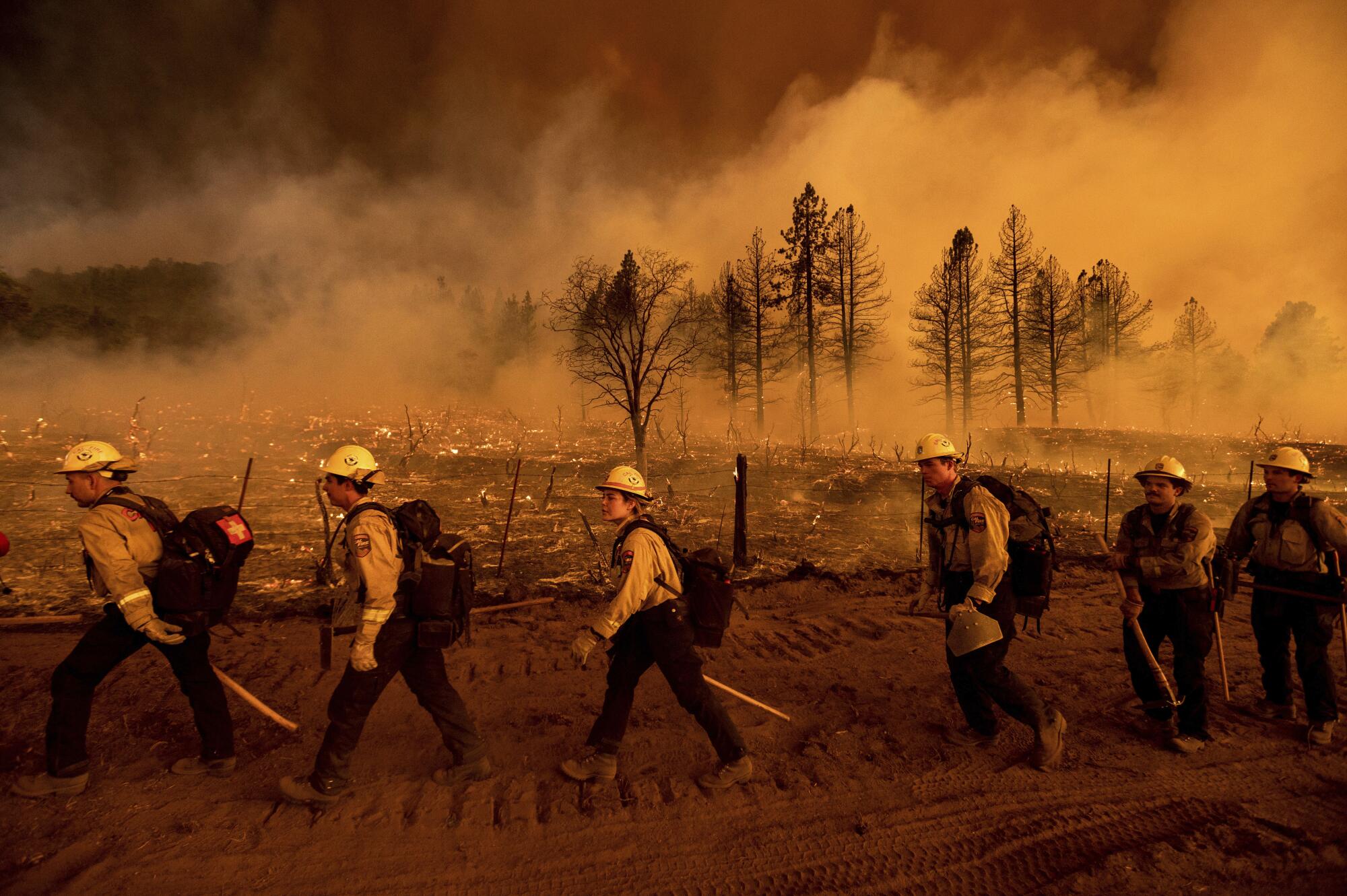 Firefighters walking single file with smoke in the background