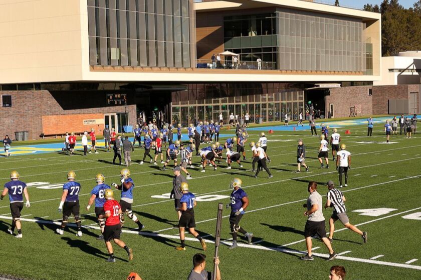 WESTWOOD, CA - MARCH 06, 2018 - UCLA football on the Spaulding practice field on the UCLA Westwood campus Tuesday morning March 6, 2018 for the start of Spring football. (Al Seib / Los Angeles Times)