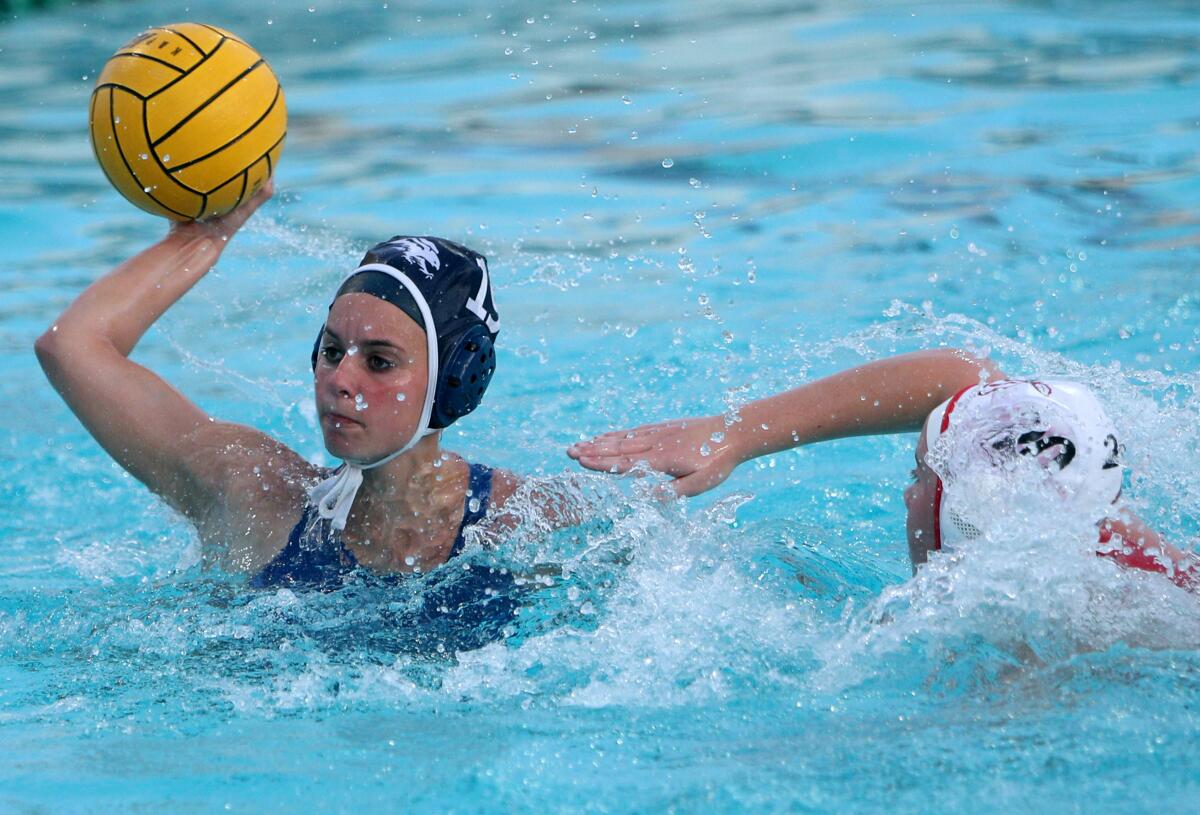 Crescenta Valley High water polo player Hanna Ziccardi takes a shot in the Pacific League Tournament semifinal vs. Burroughs High, at Arcadia High in Arcadia on Tuesday, Feb. 4, 2020. Burroughs won 10-3.